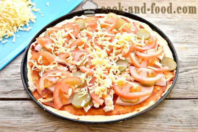 Homemade pizza na may sausage mula sa walang latoy masa - kung paano maghurno isang pizza espongha pastelerya, na may isang hakbang-hakbang recipe litrato