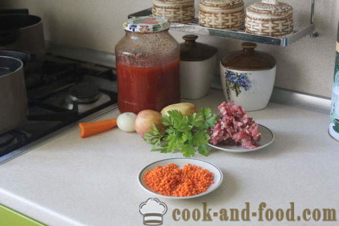 Simple pula lentil sopas na may bola-bola at tomato - kung paano magluto sopas ng pulang lentils, na may isang hakbang-hakbang recipe litrato