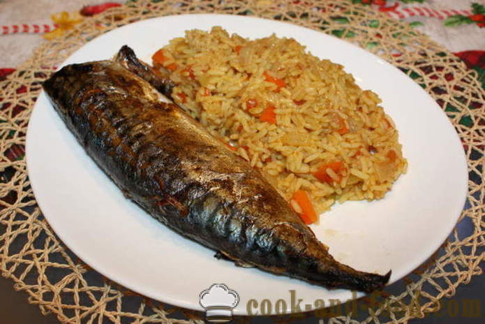 Mackerel pinalamanan sibuyas sa oven - kung paano magluto mackerel na may kanin, isang hakbang-hakbang recipe litrato