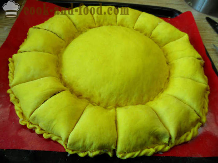 Meat snack-cake Sunflower - kung paano gumawa ng isang keyk na may pampaalsa, mirasol, hakbang-hakbang recipe litrato