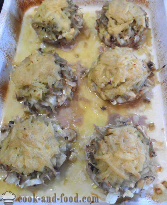 Pintog ng matamis patties sa oven bake na may kabute at gravy - kung paano magluto juicy meatballs sa hurno, na may isang hakbang-hakbang recipe litrato