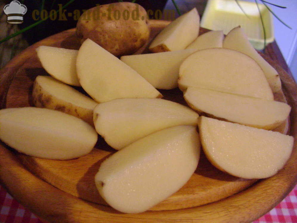Patatas inihurnong na may crust - tulad ng lutong hiwa patatas sa oven, na may isang hakbang-hakbang recipe litrato