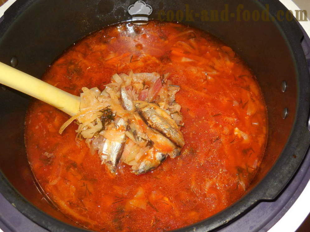 Gulay na sopas na may sardinas in tomato sauce sa multivarka - kung paano magluto ng gulay na sopas na may bagoong, ang isang hakbang-hakbang recipe litrato