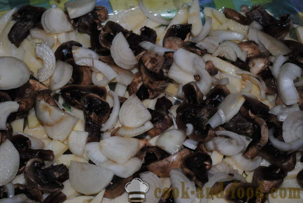 Inihurnong patatas na may keso at mushroom - parehong masarap na lutong patatas sa oven, na may isang hakbang-hakbang recipe litrato
